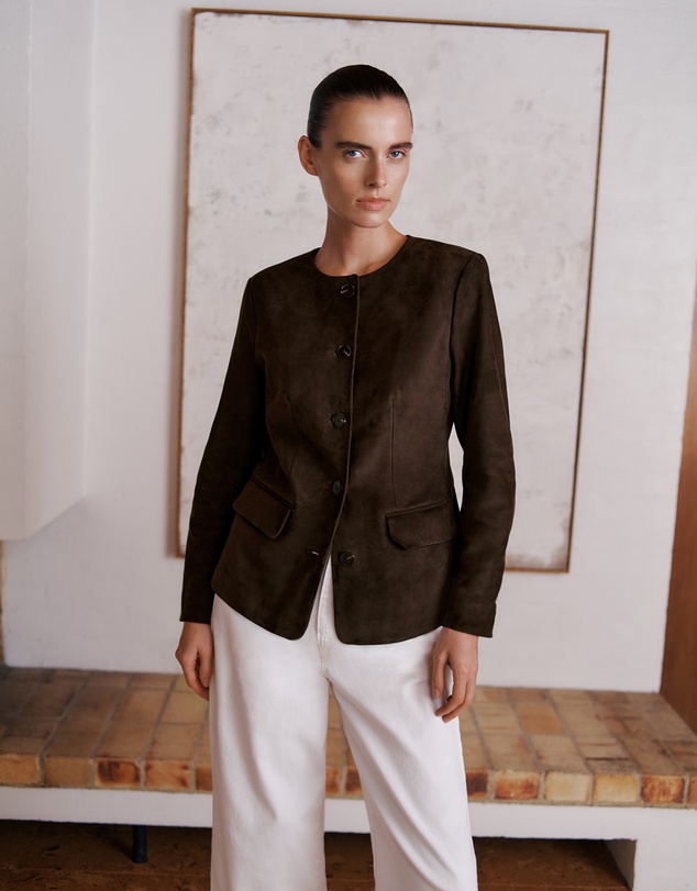 Trenery - Suede Collarless Jacket in Coffee Bean
