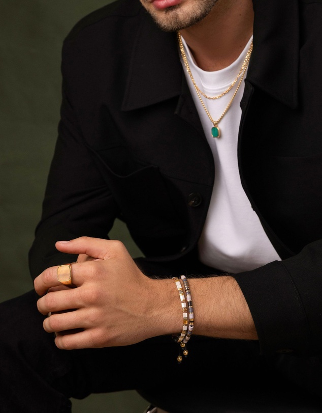 Nialaya Jewellery - Men's Bracelet With White, Marbled Amber And Gold Miyuki Tila Beads