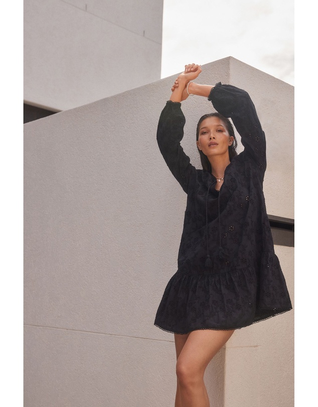 NEXT - 3D Cornelli Embelished Long Sleeve Tiered 100% Cotton Mini Dress