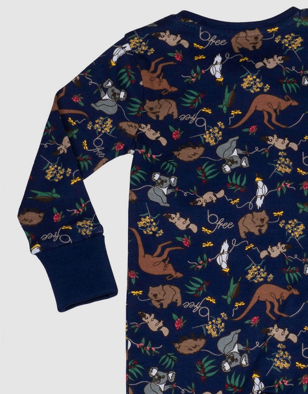 B Free Intimate Apparel - 100% Organic 2-Way Zip Sleepsuit - Baby & Toddler Navy Native Aussie Animals
