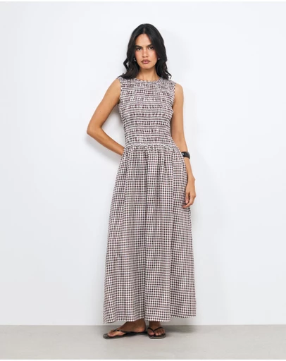 AERE - Inka Linen Gingham Shirred Maxi Dress