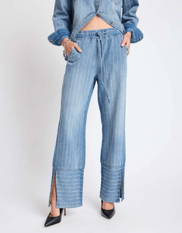 ONE TEASPOON - Roadhouse Mid Waist Wide Leg Drawstring Denim Jeans - Blue Stripe