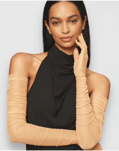 High Heel Jungle - Ariana Ruched Mesh Opera Glove - Tan