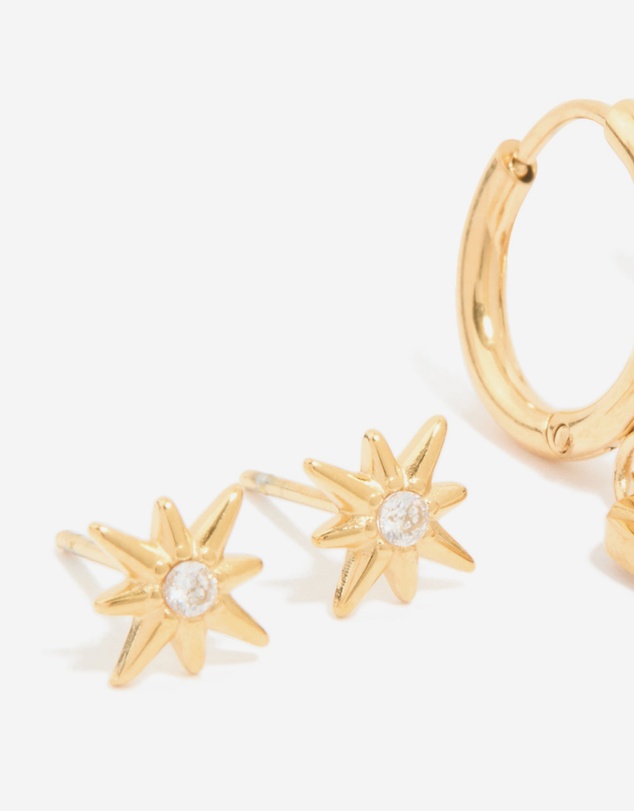 Lovisa - Waterproof Gold Plated Stainless Steel Cubic Zirconia Star Disc & Huggie Earrings 3-Pack