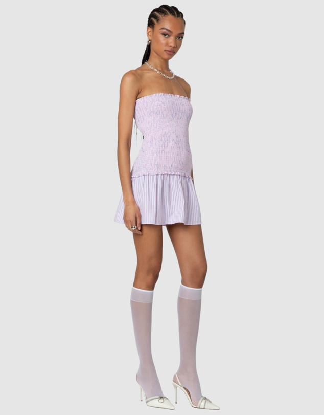 EDIKTED - Striped Scrunch Strapless Mini Dress