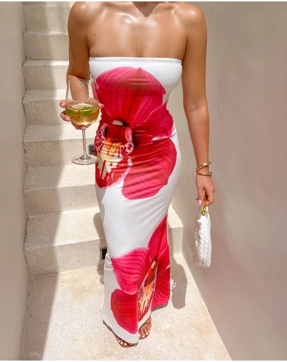 Beginning Boutique - Arizona White Orchid Print Maxi Dress