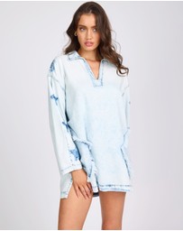 ONE TEASPOON - Le Captain Star Pullover Denim Mini Shirt Dress - Depeche Blue