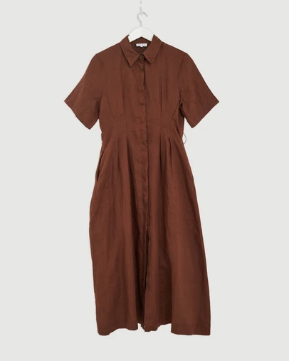 Revibe - Repaired AERE Orien Tuck Waist Linen Shirt Dress - AU 12