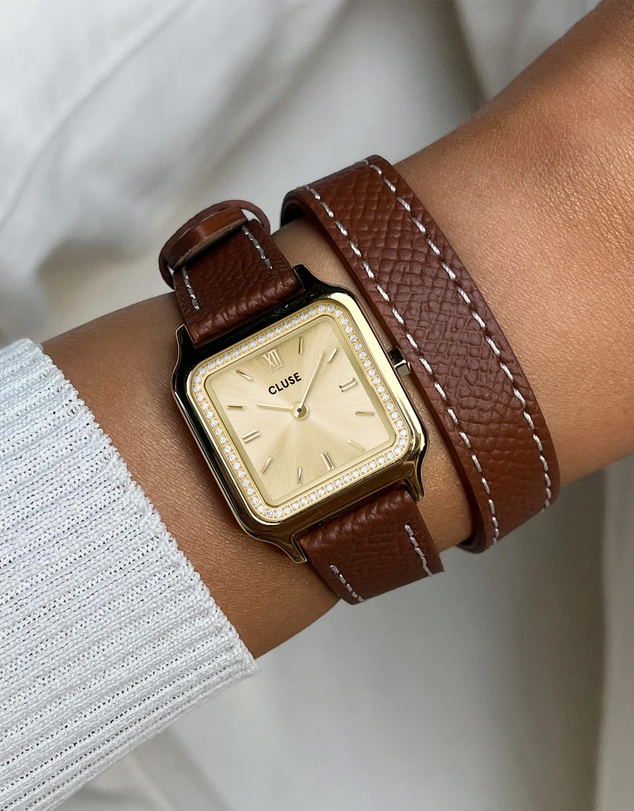 Cluse - Gracieuse Petite Watch Double Leather, White stones, Nutshell, Full Gold Colour