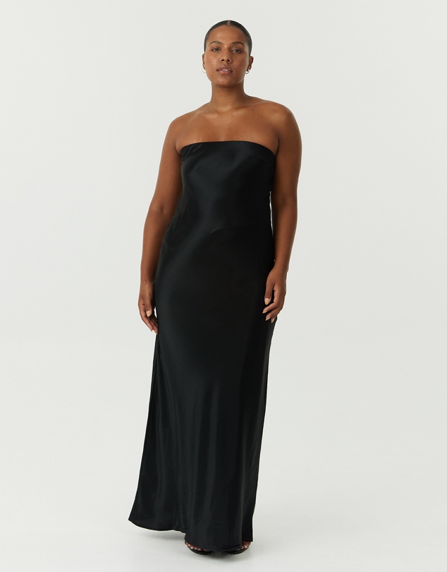 Third Form - Satin Tie Back Strapless Maxi Dress
