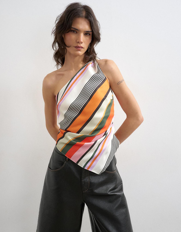 TOPSHOP - Lene Satin Stripe One Shoulder Top Wvn