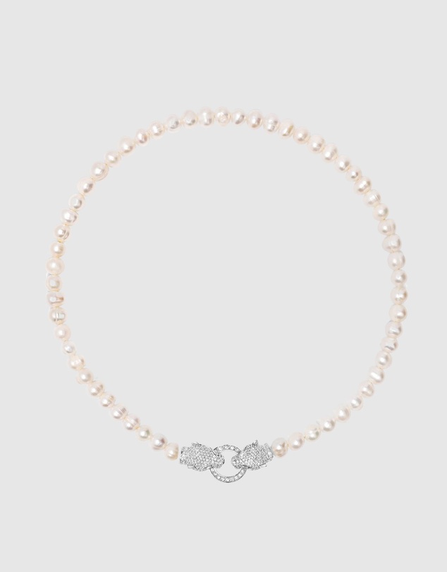 Nialaya Jewellery - Women's Pearl Choker with Silver Double Panther Head