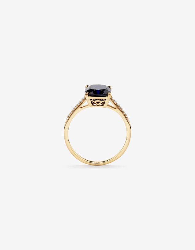 Michael Hill - Cushion Cut Blue Created Sapphire Gemstone and Diamond Ring in 10kt Yellow Gold