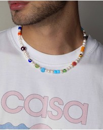 Nialaya Jewellery - Men's Pearl Choker with Playful Glass Beads
