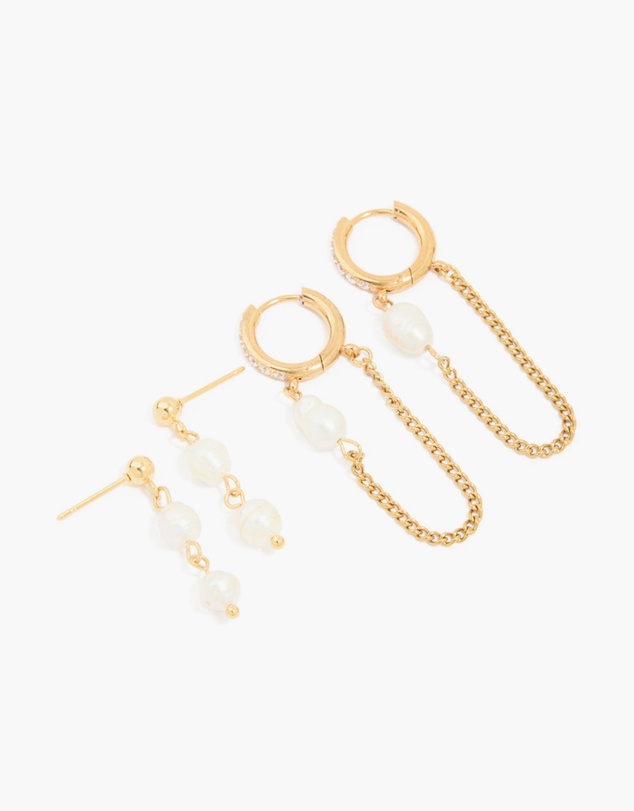 Lovisa - Waterproof Gold Plated Stainless Steel Pearl Drop & Chain Earrings 2-Pack