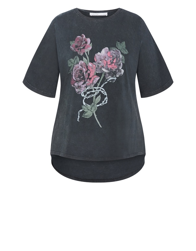 City Chic - Plus size Ryan Rose Print Tee - grey wash