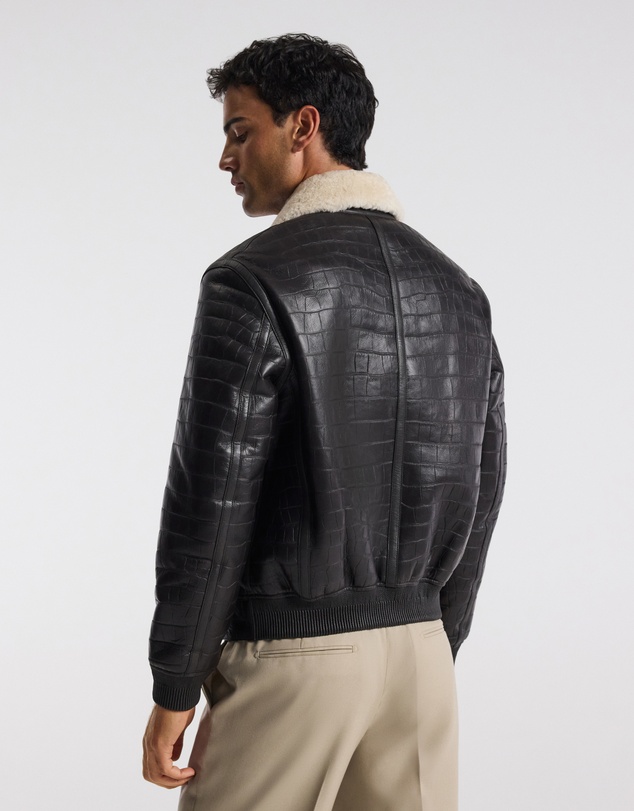 Calibre - Croc Embossed Leather Shearling Jacket Chocolate