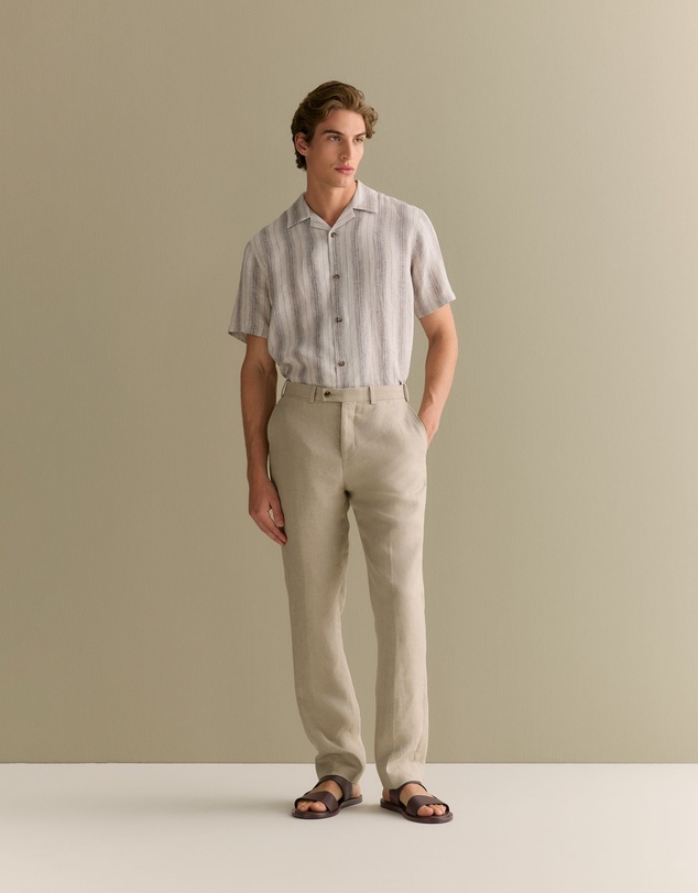 Trenery - Regular Fit Linen Tonal Stripe Short Sleeve Shirt in Flax