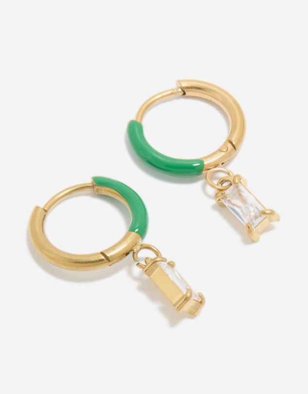 Lovisa - Waterproof Gold Plated Stainless Steel Emerald Green Enamel Cubic Zirconia Charm Huggie Earrings