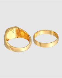 Kuzzoi - ICONIC EXCLUSIVE - Ring Men Signet Band Square Set of 2 with Enamel in 925 Sterling Silver Gold Plated