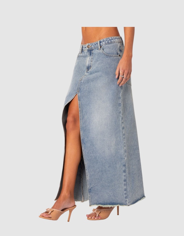 EDIKTED - Front Slit Washed Denim Maxi Skirt
