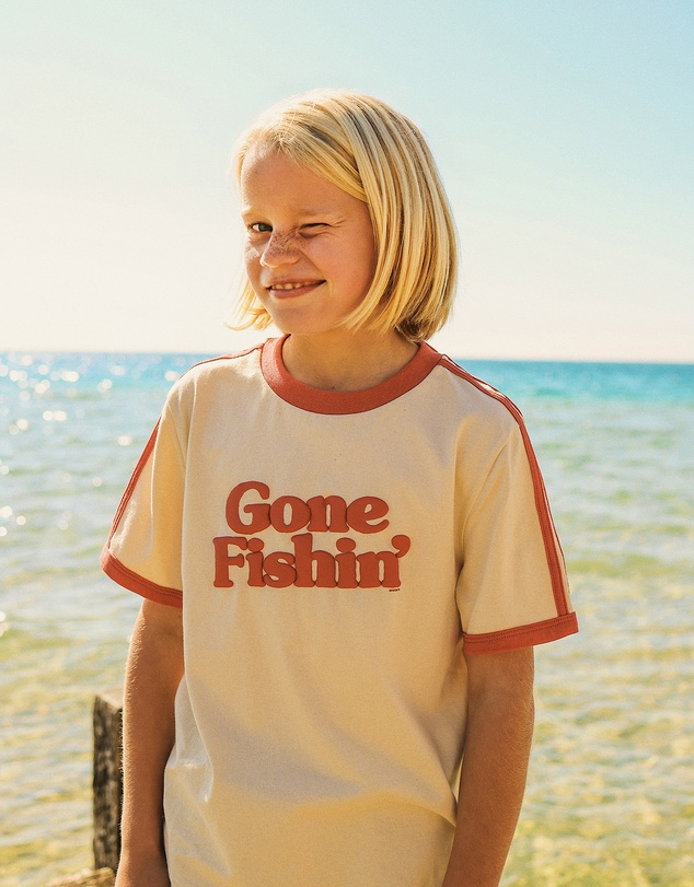 Skwosh - Gone Fishin Kids Boxy Ringer Tee in Off White