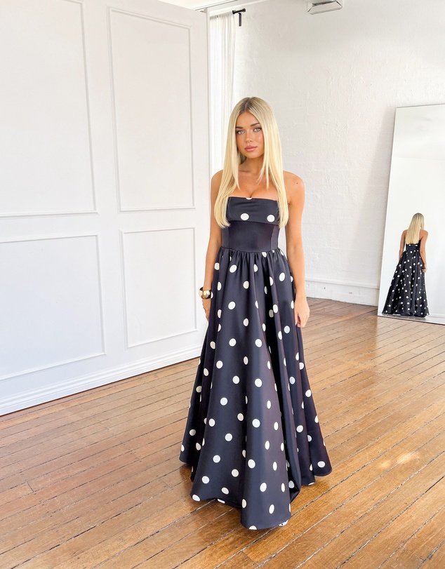 Beginning Boutique - Julianne Strapless Polka Dot Satin Maxi Dress