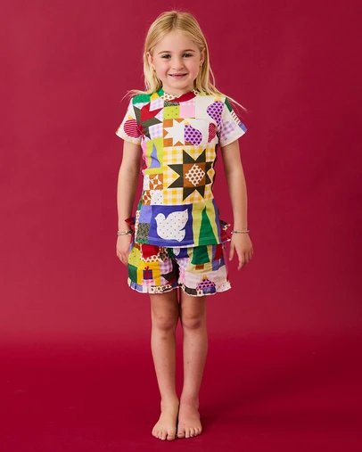 Kip&Co - Christmas Patchwork Organic Cotton Short Sleeve Tee and Frill Shorts Pyjama Set - Babies-Teens