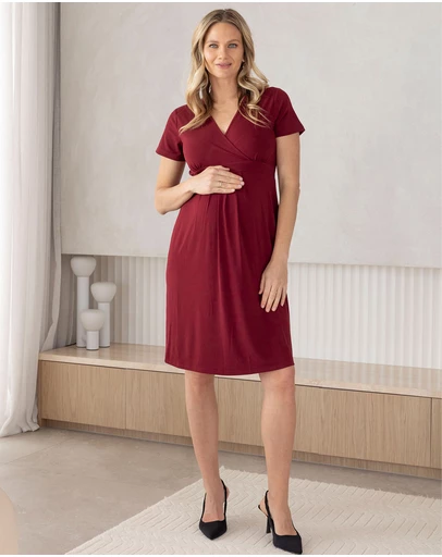 Angel Maternity - Crossover Maternity Work Dress in Burgundy