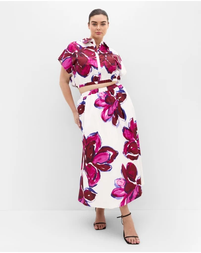 City Chic - Plus Size Holiday Bloom Print Midi Skirt - white