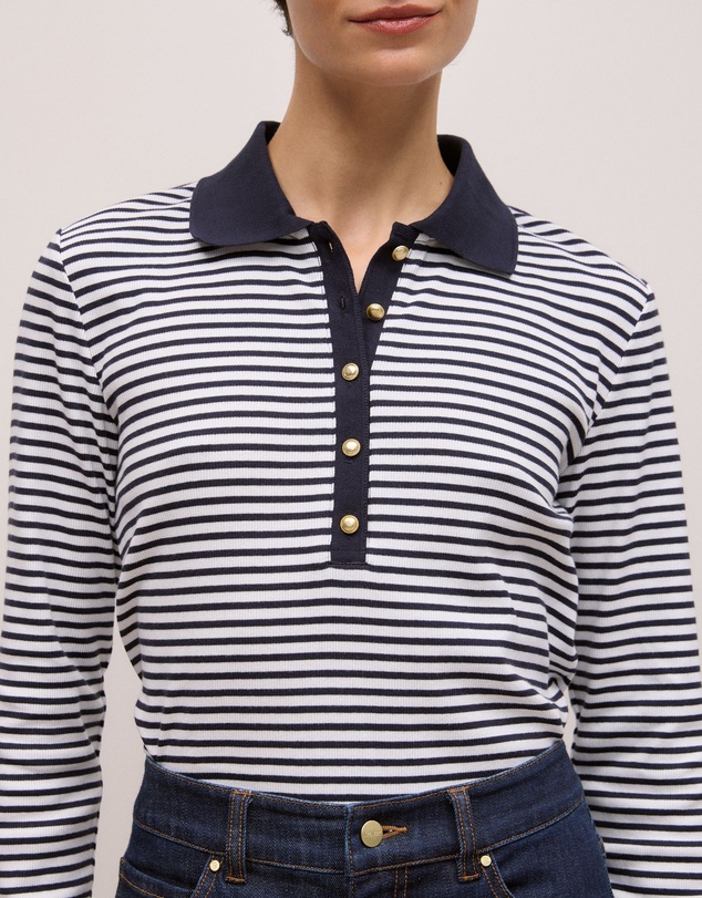 Trenery - Cotton Stripe Button Detail Polo in Night Sky