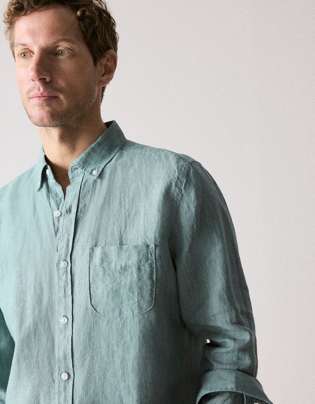 Trenery - Regular Fit Delave Linen Long Sleeve Shirt in Jade