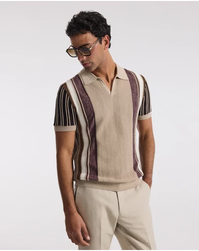 Calibre - Multi Stripe Knit Polo Natural