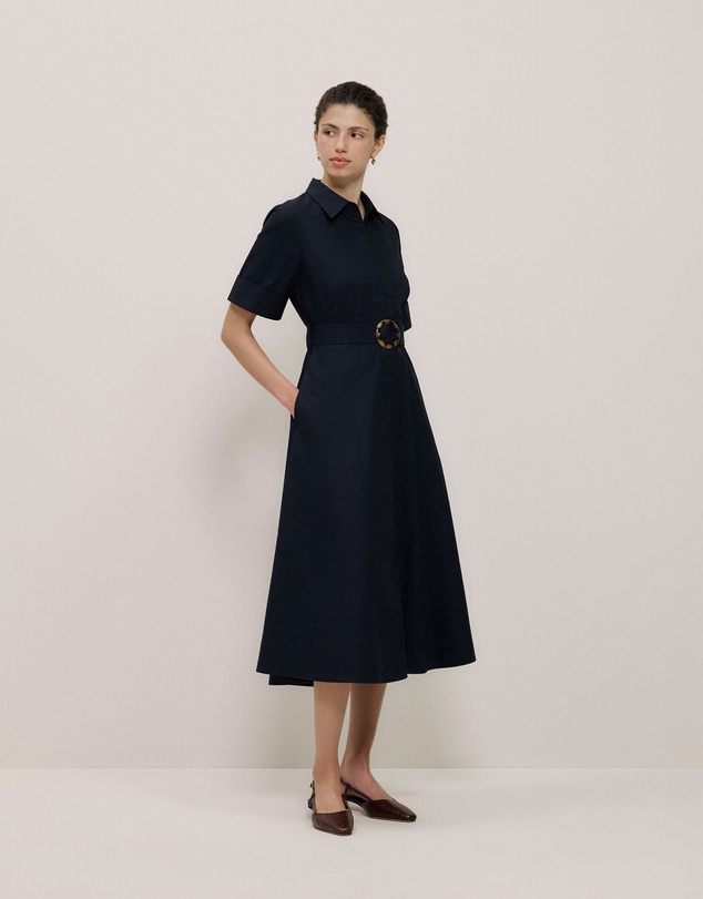 Trenery - Poplin Pleat Detail Short Sleeve Dress in Night Sky