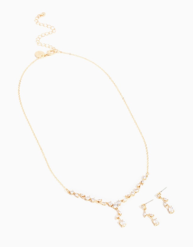 Lovisa - Gold Cubic Zirconia Flower Vine Necklace & Drop Earrings Set
