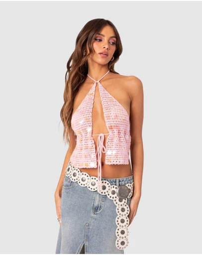 EDIKTED - Sequin Crochet Open Back Top