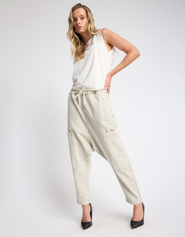 ONE TEASPOON - Isla Low Waist Drawstring Harem Denim Jeans - Antique Khaki