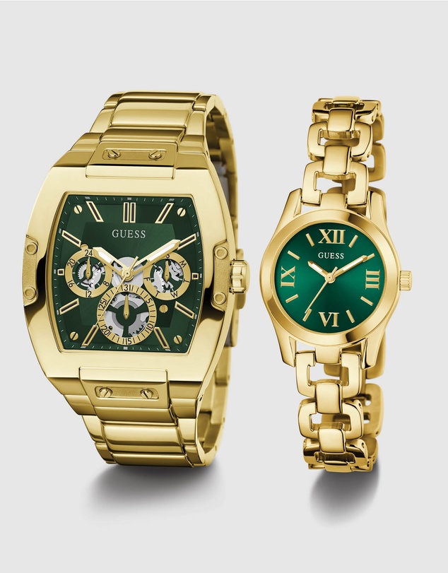 GUESS - Guess Gents and Ladies Set - Phoenix Gold Tone & Green & Veda Ladies Gold Tone Analogue