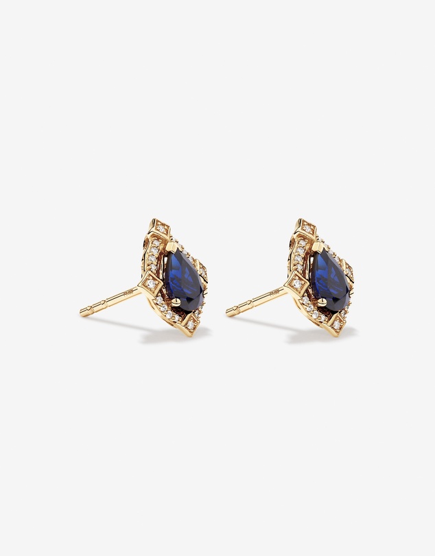 Michael Hill - Pear Cut Created Sapphire and Diamond Halo Stud Earrings in 10kt Yellow Gold