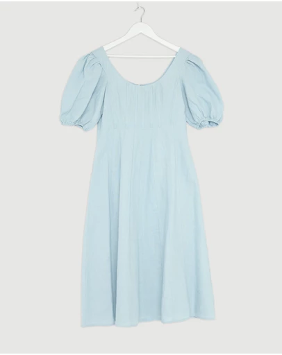 Revibe - Repaired AERE Paloma Linen Puff Sleeve Midi Dress - AU 14