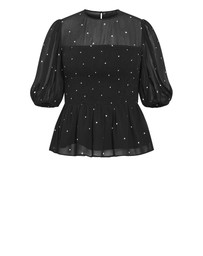 City Chic - Plus size Esther Spot Print Shirred Top - black