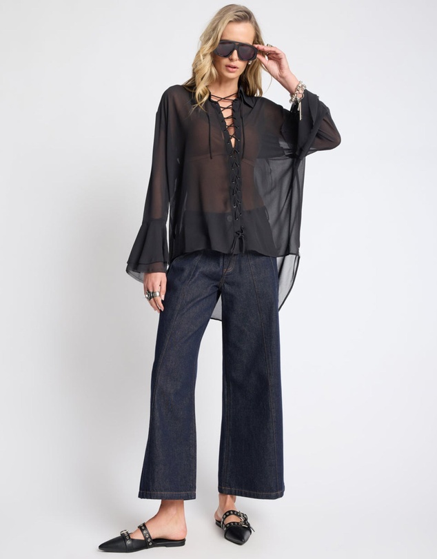 ONE TEASPOON - Hayden Mid Waist Wide Leg Cropped Denim Jeans - Raw Indigo