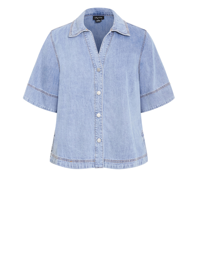 City Chic - Plus size Tiana Short Sleeve Cotton Denim Shirt - ice wash