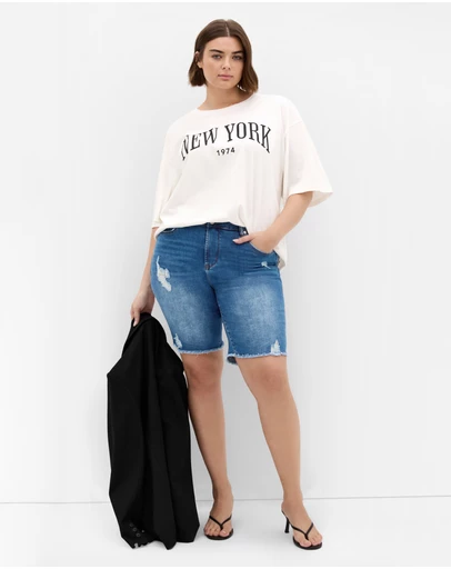 City Chic - Distressed Longline Denim Short - Mid Wash