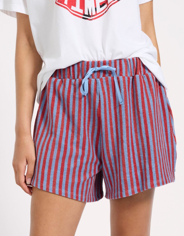 ONE TEASPOON - Terry Towel Drawstring Beach Shorts - Red Blue Striped