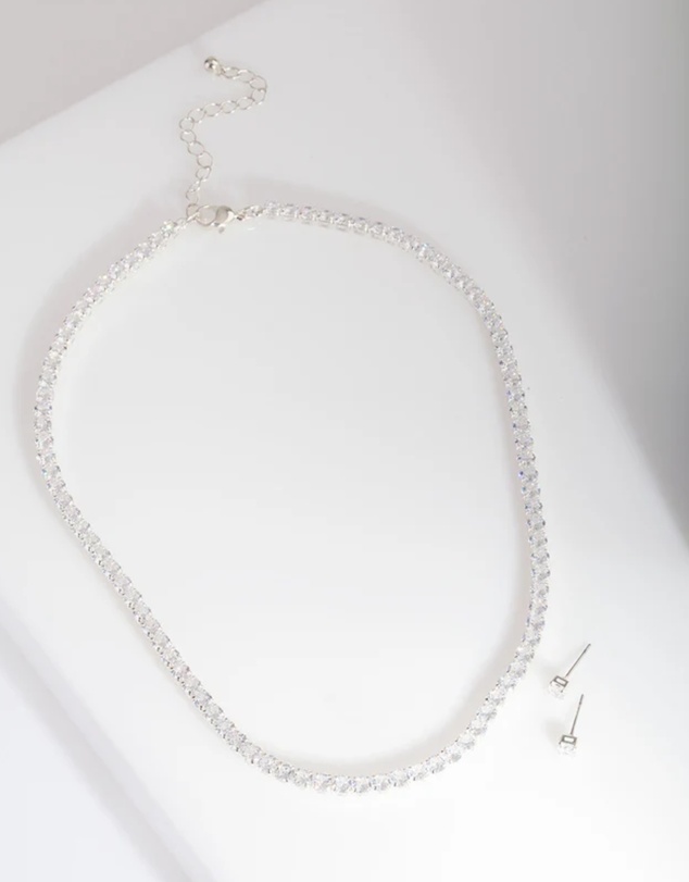 Lovisa - Silver Cubic Zirconia Earrings & Tennis Necklace Set