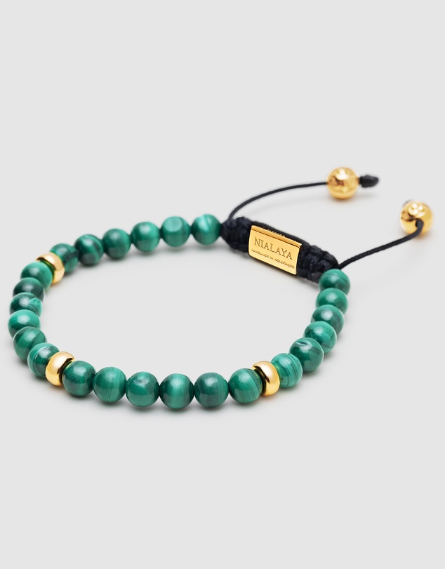 Nialaya Jewellery - Men's Beaded Bracelet with Malachite and Gold