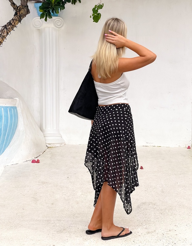 Beginning Boutique - Khalea Black Polka Dot Hanky Hem Midi Skirt