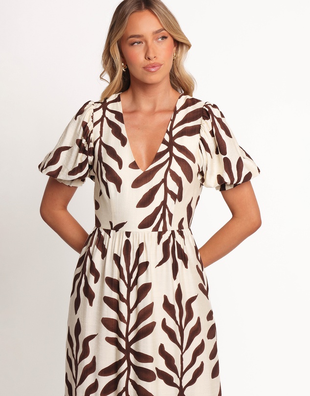 Petal & Pup - Steele Puff Sleeve Midi Dress - Brown Palm