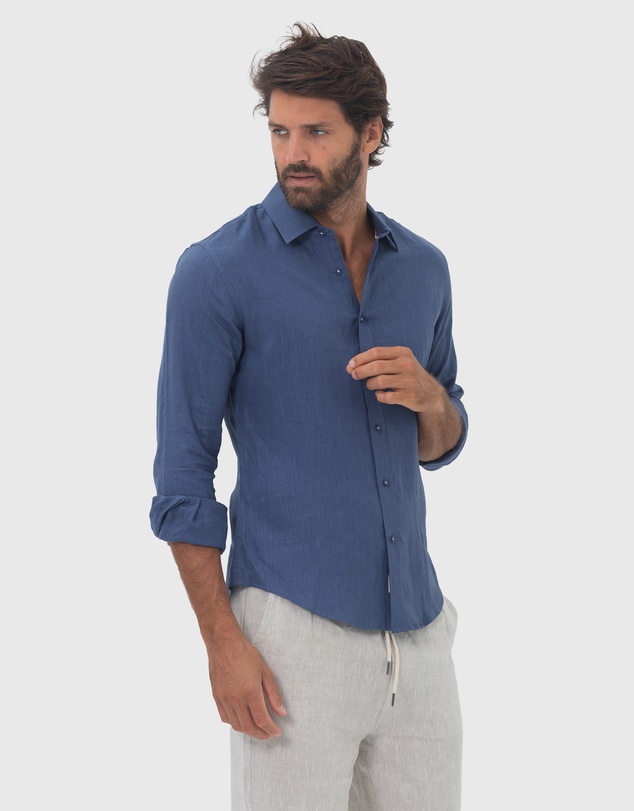 Coast Clothing - Long Sleeve Linen Shirt: Indigo Blue